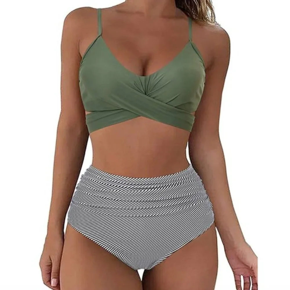 40% OFF Olive Striped Twist Front High Waisted Bikini Swimsuit